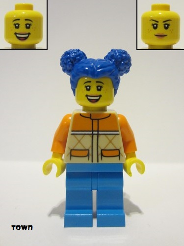lego 2022 mini figurine cty1439 Woman Tan and Orange Quilted Vest, Dark Azure Legs, Blue Pigtails, Freckles 