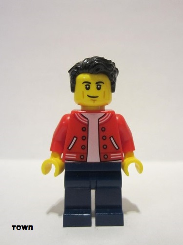 lego 2022 mini figurine cty1440 Man Red Jacket, Dark Blue Legs, Black Hair, Smirk and Cheek Lines 