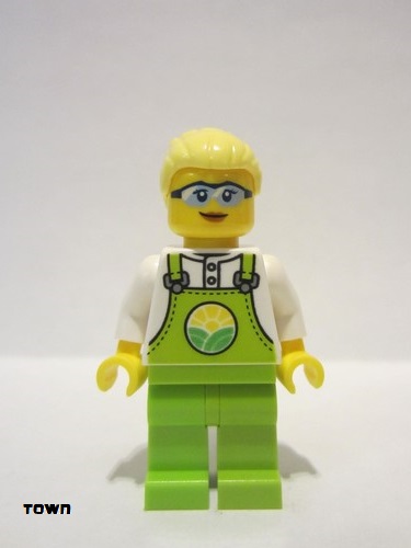 lego 2022 mini figurine cty1441 Farmer Peach Lime Overalls over White Shirt, Lime Legs, Bright Light Yellow High Bun, Glasses 