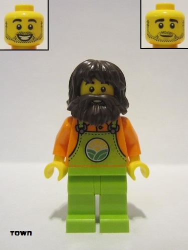 lego 2022 mini figurine cty1442 Farmer Male, Lime Overalls over Orange Shirt, Lime Legs, Dark Brown Shaggy Hair and Beard 