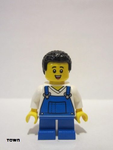 lego 2022 mini figurine cty1443 Farmer Boy, Blue Overalls over V-Neck Shirt, Blue Short Legs, Black Coiled Hair, Freckles and Small Open Smile 