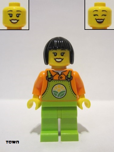 lego 2022 mini figurine cty1444 Farmer Female, Lime Overalls over Orange Shirt, Lime Legs, Black Short Hair 