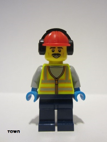 lego 2022 mini figurine cty1455 Stuntz Crew Male, Red Hard Hat with Earmuff, Neon Yellow Safety Vest, Dark Blue Legs 