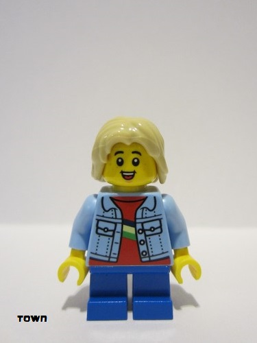 lego 2022 mini figurine cty1459 Stuntz Spectator Child, Long Tan Hair, Bright Light Blue Jacket over Red Shirt, Blue Short Legs 