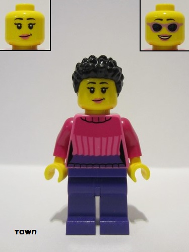 lego 2022 mini figurine cty1463 Car Driver Female, Dark Pink Sweater, Dark Purple Legs, Black Hair 