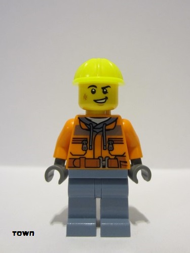 lego 2022 mini figurine cty1465 Train Worker Male, Orange Safety Jacket, Sand Blue Legs, Neon Yellow Construction Helmet 