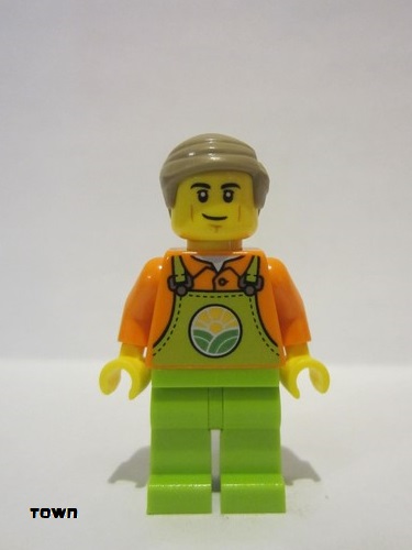 lego 2022 mini figurine cty1466 Train Worker Male, Orange Shirt, Lime Overalls, Dark Tan Hair 