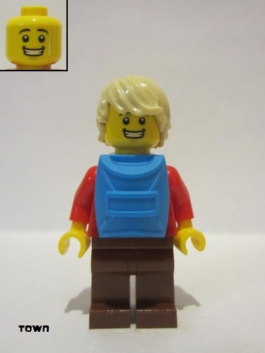 lego 2022 mini figurine cty1473 Passenger Male, Red Plaid Flannel Shirt, Reddish Brown Legs, Tan Hair, Dark Azure Backpack 