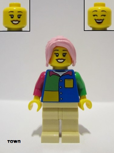 lego 2022 mini figurine cty1474 Passenger Female, Blue Shirt, Tan Legs, Bright Pink Hair 
