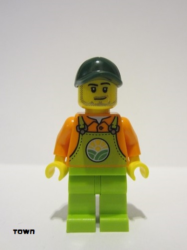 lego 2022 mini figurine cty1478 Farmer Male, Lime Overalls over Orange Shirt, Lime Legs, Dark Green Cap 