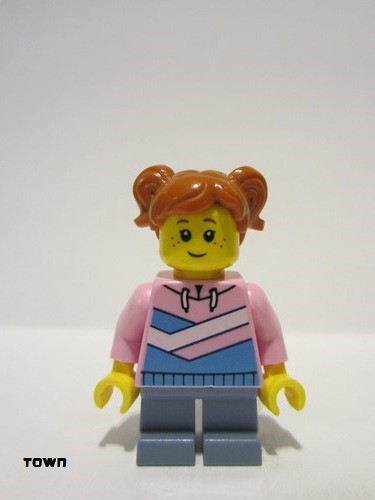 lego 2022 mini figurine cty1481 Girl Dark Orange Hair, Bright Pink Hoodie, Sand Blue Short Legs 