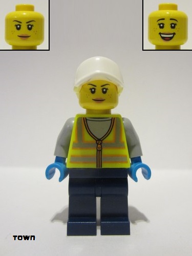 lego 2022 mini figurine cty1483 Forklift Driver Female, Neon Yellow Safety Vest, Dark Blue Legs, White Cap with Bright Light Yellow Hair 