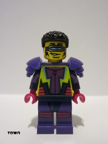 lego 2022 mini figurine cty1487 Stuntz Driver The Blade Stunt, Black Coiled Hair, Dark Purple Shoulder Armor and Legs 
