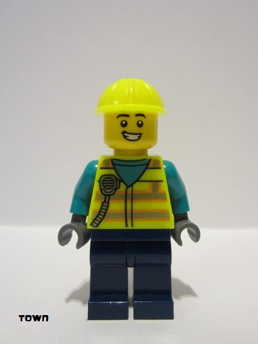 lego 2022 mini figurine cty1490 Utility Truck Driver Male, Neon Yellow Safety Vest and Helmet, Dark Blue Legs 