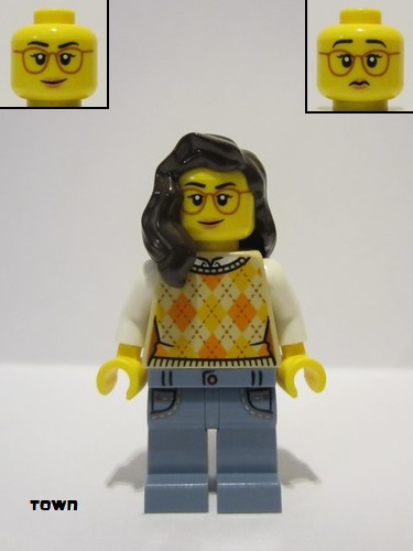 lego 2022 mini figurine cty1492 Passenger Female, Tan Vest, Sand Blue Legs with Pockets, Dark Brown Hair 
