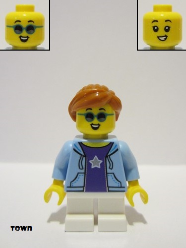lego 2022 mini figurine cty1497 Stuntz Spectator Child, Bright Light Blue Jacket, White Short Legs, Dark Orange Hair 