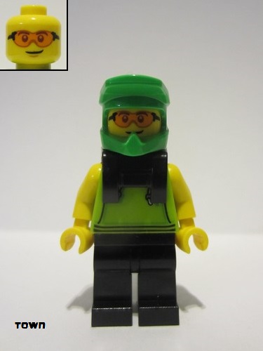 lego 2022 mini figurine cty1508 Food Delivery Cyclist Male, Lime Hoodie, Black Legs, Bright Green Helmet, Neck Bracket 