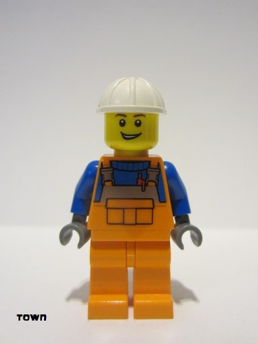lego 2022 mini figurine cty1509 Construction Worker Male, Orange Overalls with Reflective Stripe and Buckles over Blue Shirt, Orange Legs, White Construction Helmet, Open Lopsided Grin 