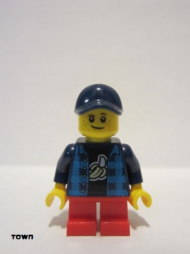 lego 2022 mini figurine twn426 Boy Dark Blue Banana Shirt, Red Short Legs, Crooked Dark Blue Cap 