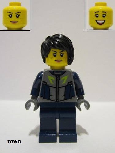lego 2022 mini figurine twn428 Submarine Pilot Female, Flat Silver and Dark Blue Jacket, Black Hair 