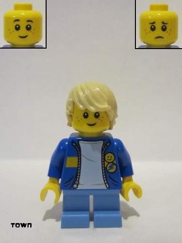 lego 2022 mini figurine twn436 Child Boy Blue Jacket with Bright Light Blue Shirt, Medium Blue Short Legs, Tan Tousled Hair 