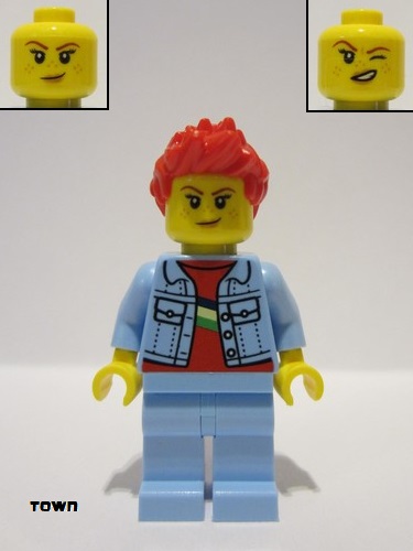 lego 2022 mini figurine twn440 Woman Bright Light Blue Denim Jacket, Bright Light Blue Legs, Red Spiked Hair 