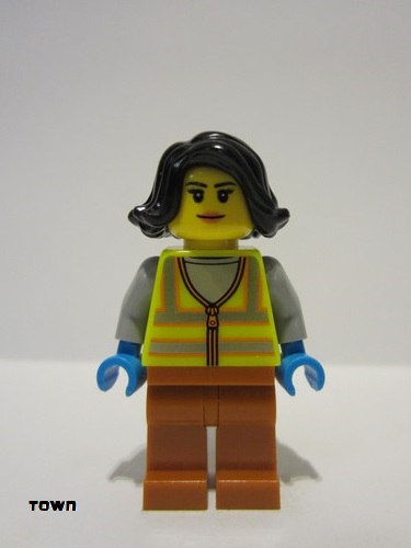 lego 2023 mini figurine cty1522 Recycling Worker Female, Neon Yellow Safety Vest, Dark Orange Legs, Black Hair 