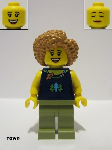 lego 2023 mini figurine cty1523 Citizen Female, Dark Blue Top with Trees and Necklace, Olive Green Legs, Medium Nougat Hair 