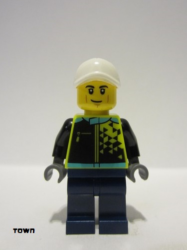 lego 2023 mini figurine cty1524 Sports Car Driver Male, White Cap, Neon Yellow Jacket, Dark Blue Legs 