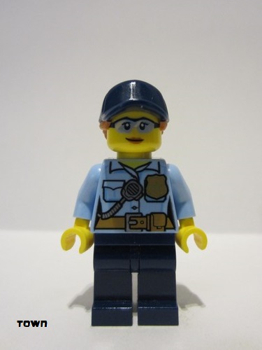 lego 2023 mini figurine cty1525 Police - City Officer Female, Bright Light Blue Shirt with Badge and Radio, Dark Blue Legs, Dark Blue Cap with Dark Orange Ponytail, Safety Glasses 