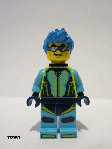 lego 2023 mini figurine cty1527 Stuntz Driver Dark Azure Spiky Hair, Medium Azure and Neon Yellow Jumpsuit, Neck Bracket 