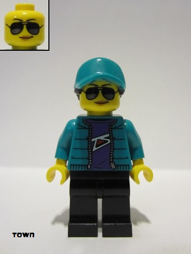 lego 2023 mini figurine cty1537 Driver Female, Dark Turquoise Jacket, Black Legs, Dark Turquoise Ball Cap 