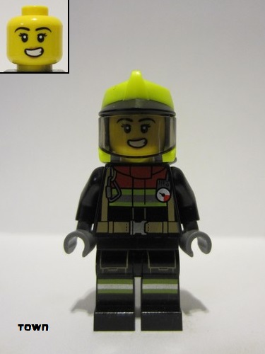 lego 2023 mini figurine cty1545 Fire Female, Black Jacket and Legs with Reflective Stripes and Red Collar, Neon Yellow Fire Helmet, Trans-Black Visor, Scared Open Mouth with Teeth 
