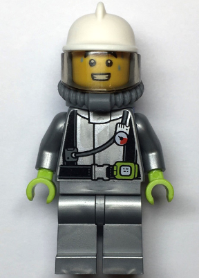 lego 2023 mini figurine cty1546 Fire Male, Flat Silver Suit, White Fire Helmet, Trans-Black Visor, Breathing Neck Gear with Blue Air Tanks 