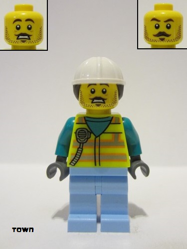 lego 2023 mini figurine cty1547 Utility Worker Male, Neon Yellow Safety Vest, Bright Light Blue Legs, White Helmet, Dark Brown Ponytail 
