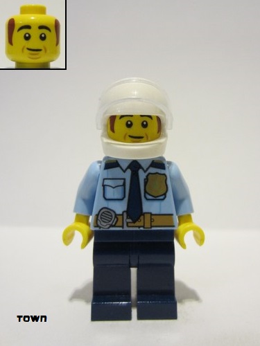 lego 2023 mini figurine cty1548 Police - City Officer Shirt with Dark Blue Tie and Gold Badge, Dark Tan Belt with Radio, Dark Blue Legs, White Helmet, Sideburns 