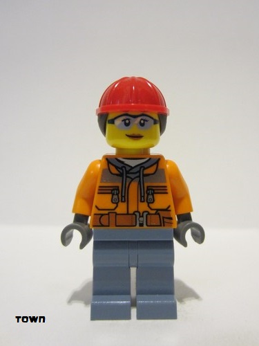 lego 2023 mini figurine cty1554 Construction Worker Female, Orange Safety Jacket, Reflective Stripe, Sand Blue Hoodie, Sand Blue Legs, Red Construction Helmet with Dark Brown Hair 