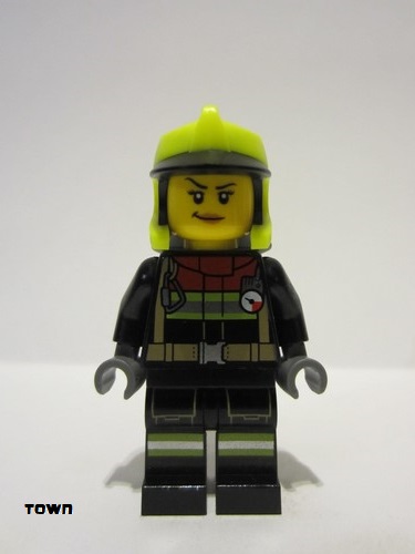 lego 2023 mini figurine cty1555 Fire Female, Black Jacket and Legs with Reflective Stripes and Red Collar, Neon Yellow Fire Helmet, Right Raised Eyebrow, Peach Lips, Smirk 