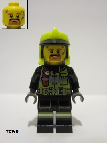 lego 2023 mini figurine cty1556 Fire Reflective Stripes with Utility Belt and Flashlight, Neon Yellow Fire Helmet, Dark Orange Moustache and Goatee, Soot Marks 
