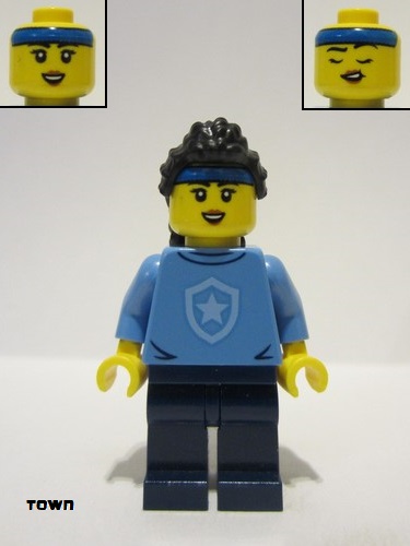 lego 2023 mini figurine cty1560 Police - City Officer In Training Female, Medium Blue Shirt with Badge, Dark Blue Legs, Black Hair, Headband 