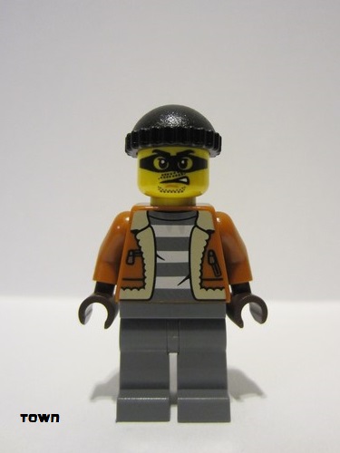 lego 2023 mini figurine cty1566 Police - City Bandit Crook Male, Dark Orange Jacket, Dark Bluish Gray Legs, Black Knit Cap 