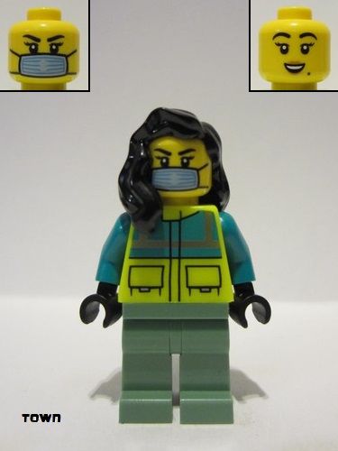 lego 2023 mini figurine cty1569 Ambulance Driver Female, Dark Turquoise and Neon Yellow Safety Vest, Sand Green Legs, Black Hair, Surgical Mask 
