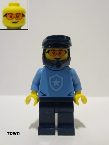 lego 2023 mini figurine cty1570 Police - City Officer Medium Blue Shirt with Badge, Dark Blue Legs, Dark Blue Dirt Bike Helmet, Orange Glasses 