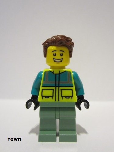 lego 2023 mini figurine cty1572 Paramedic Male, Dark Turquoise and Neon Yellow Safety Vest, Sand Green Legs, Reddish Brown Hair, Open Mouth Smile 
