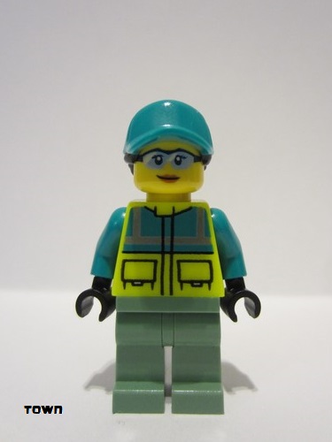 lego 2023 mini figurine cty1573 Paramedic Female, Dark Turquoise and Neon Yellow Safety Vest, Sand Green Legs, Dark Turquoise Ball Cap with Black Ponytail, Glasses 