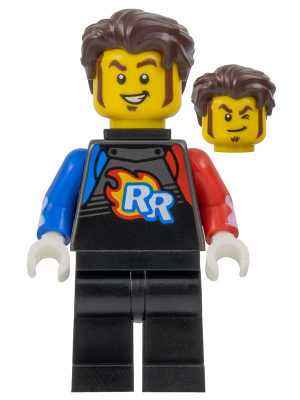 lego 2023 mini figurine cty1578 Rocket Racer - Stuntz Driver Black Jumpsuit with Blue and Red Arms, Dark Brown Hair 