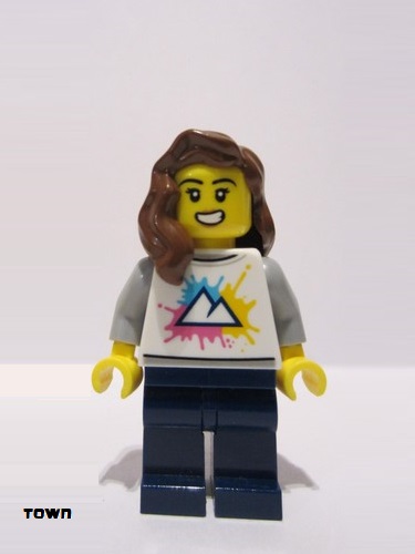 lego 2023 mini figurine cty1584 Citizen Female - White Shirt with Mountains, Dark Blue Legs, Open Mouth, Reddish Brown Hair 