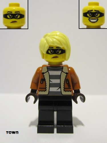 lego 2023 mini figurine cty1586 Police - City Bandit Crook Female, Dark Orange Jacket, Black Legs, Bright Light Yellow Hair 