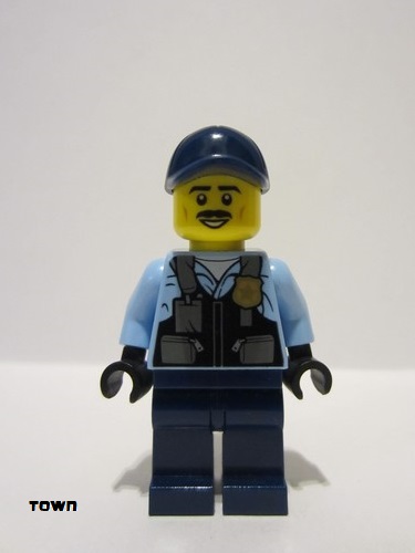 lego 2023 mini figurine cty1588 Police - City Officer Male, Safety Vest with Police Badge, Dark Blue Legs, Dark Blue Cap, Black Moustache 