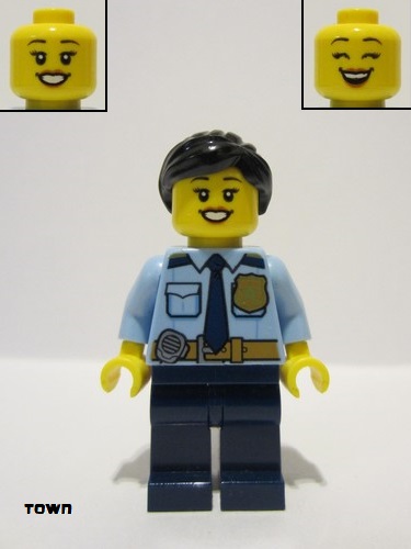 lego 2023 mini figurine cty1589 Police - City Officer Female, Shirt with Dark Blue Tie and Gold Badge, Dark Tan Belt with Radio, Dark Blue Legs, Black Ponytail 